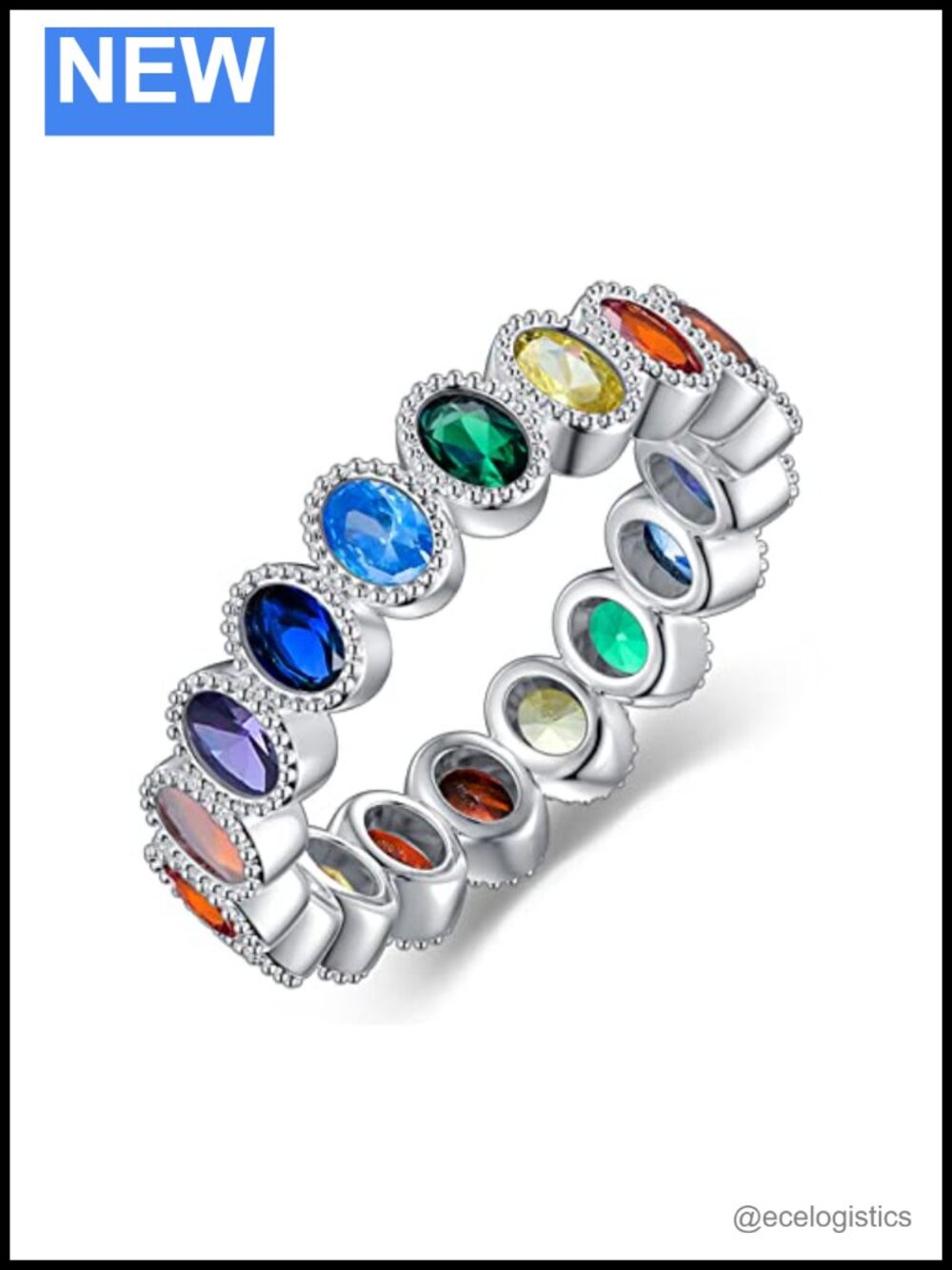 925 Sterling Silver Oval Chakra Ring with Cubic Zirconia Eternity Band Gift for